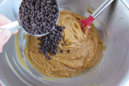 Pumpkin muffin batter with choc chips.