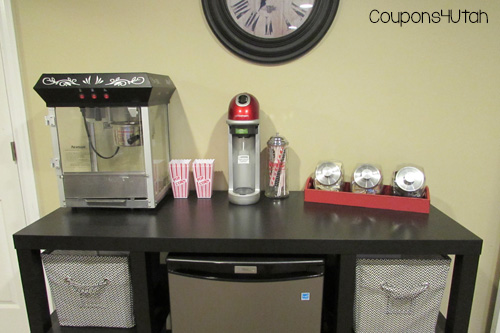 DIY Snack Station - Inexpensive desk transformed into a fun snack station for your family room, game room or theater room. Coupons4Utah