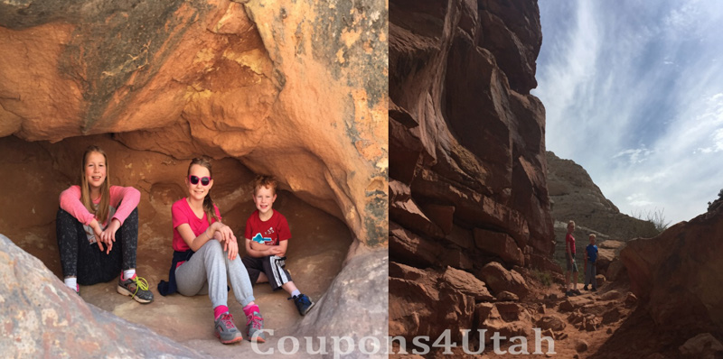 Family exploring rock alcoves and canyons in Capitol Reef National Park