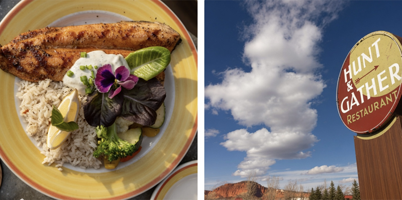 Hunt & Gather Restaurant in Torrey – delicious grilled salmon plate and welcoming sign