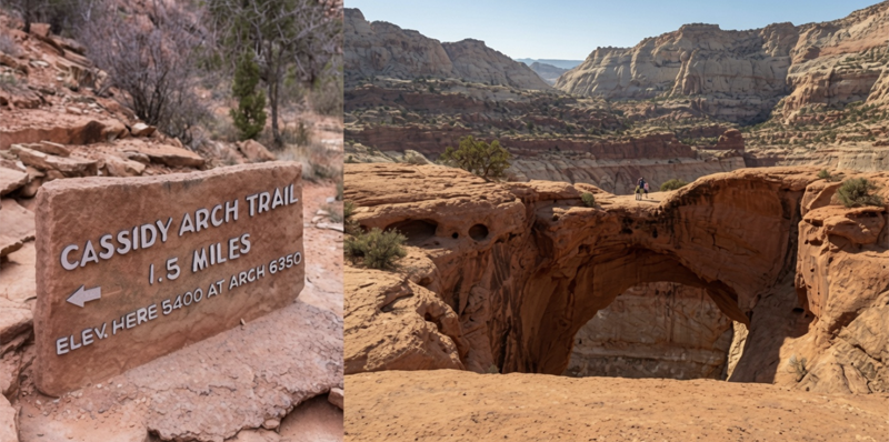 Cassidy Arch Trail sign and view of Cassidy Arch in Capitol Reef National Park"
