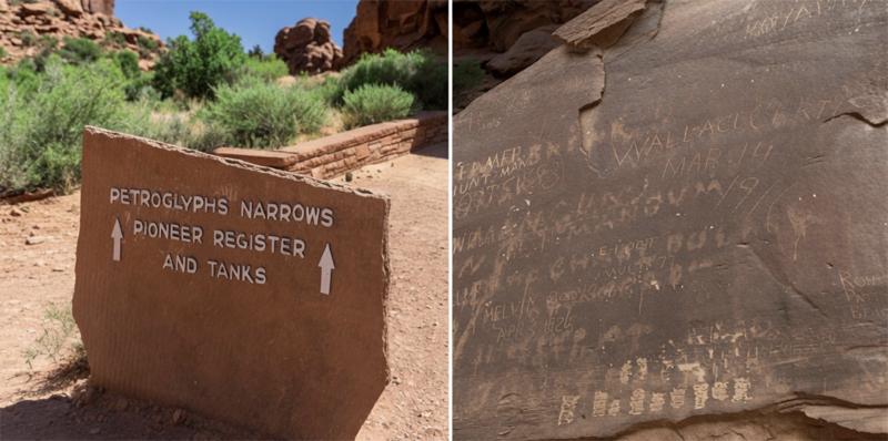 Trail sign and Pioneer Register inscriptions at the Tanks trailhead in Capitol Gorge, Capitol Reef National Park